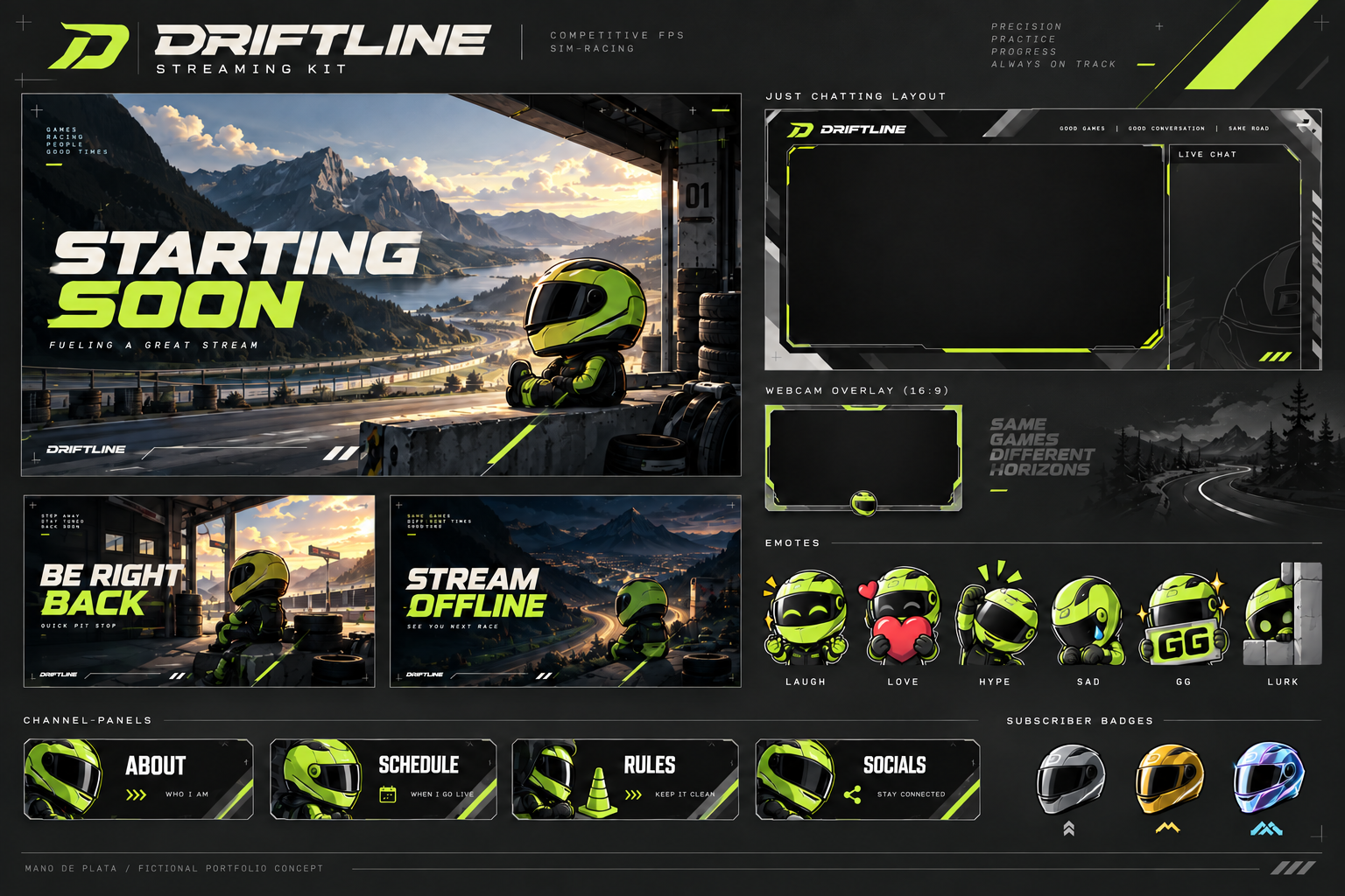DRIFTLINE: kit preto e verde-lima com piloto de capacete fechado, overlays e seis emotes