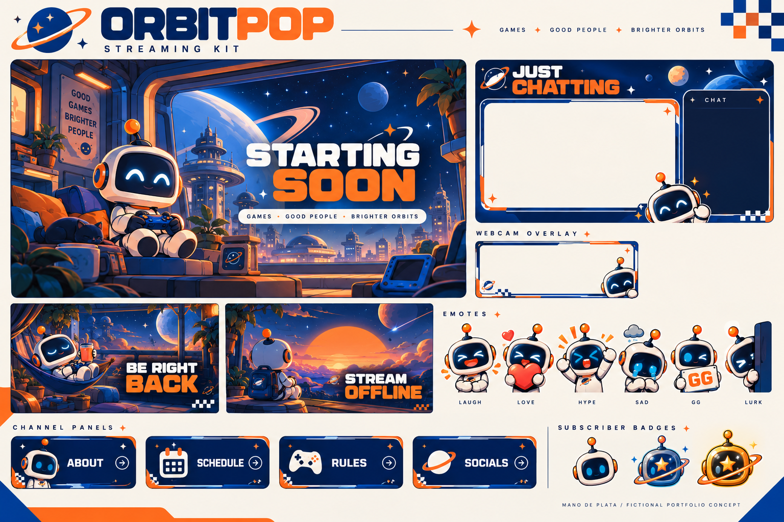 ORBITPOP: robô astronauta, kit retro espacial azul e laranja, ecrãs e emotes